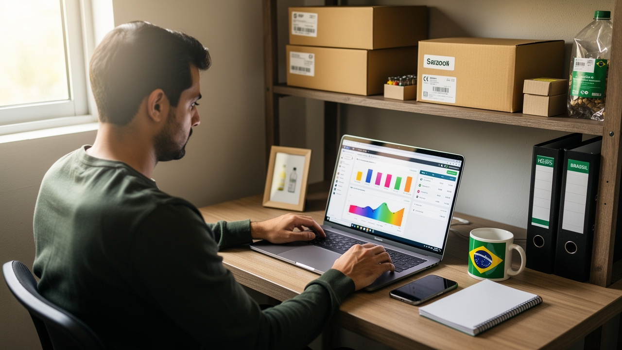 Lojista brasileiro analisando dados de produtos no laptop em escritório doméstico organizado