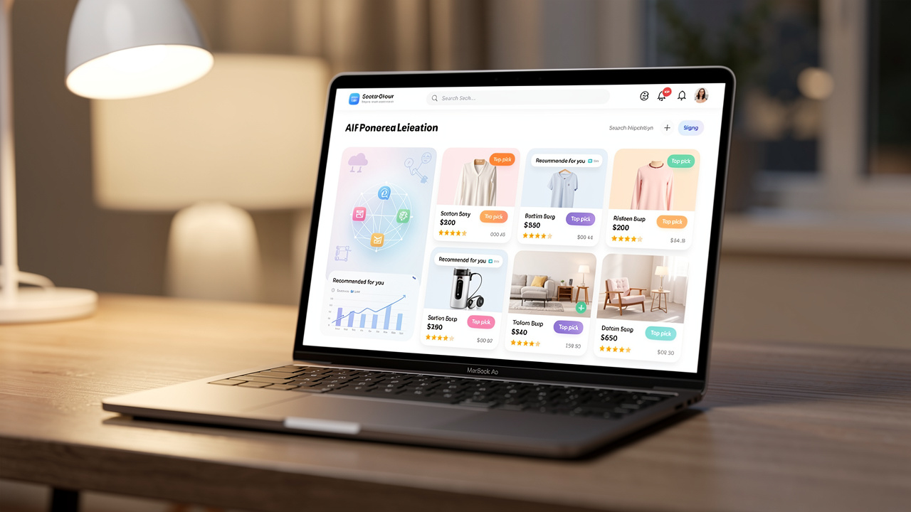 Tela de notebook exibindo interface de recomendação de produtos com inteligência artificial em loja virtual