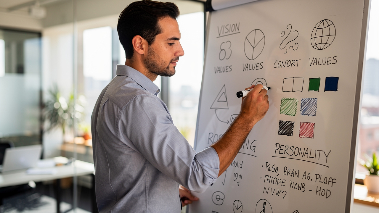 Estrategista de marca esboçando identidade visual em quadro branco em escritório moderno