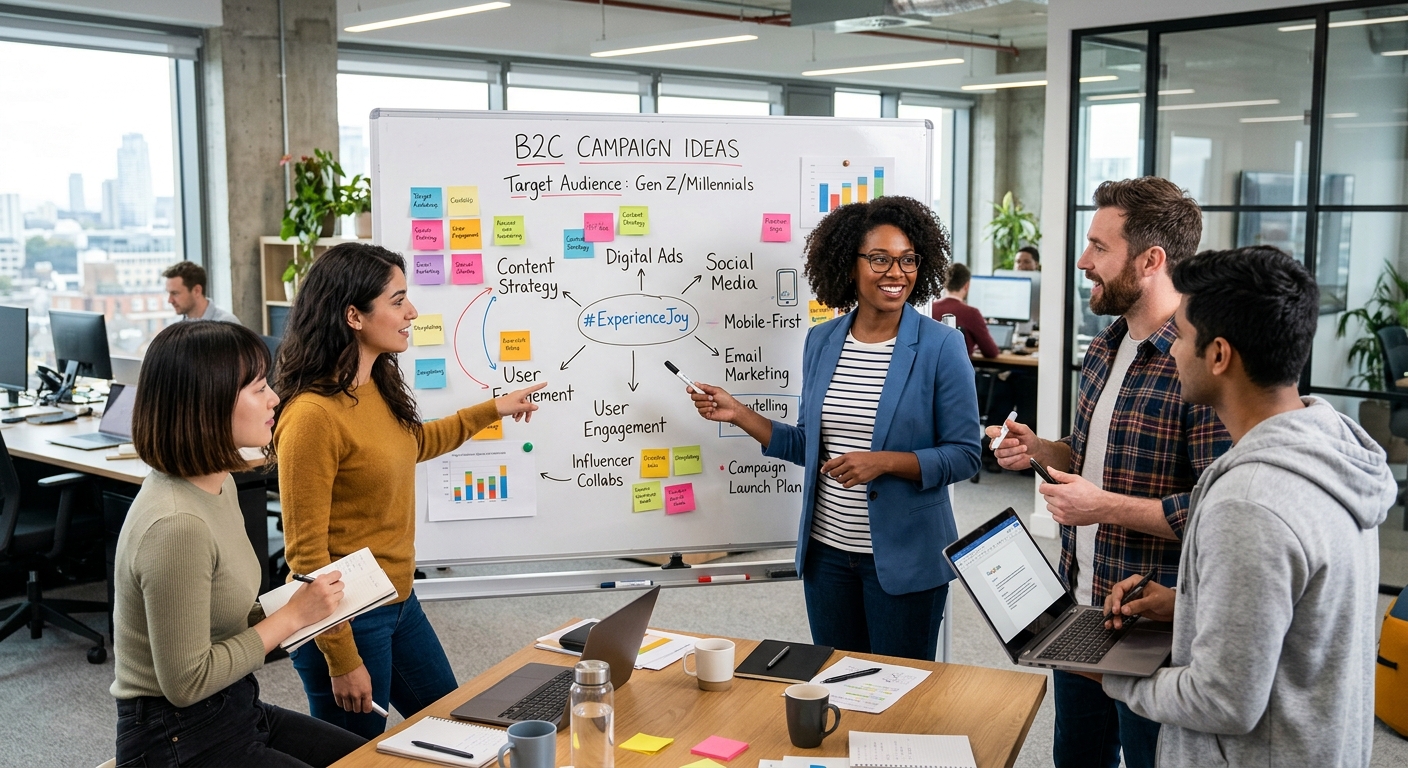Equipe de marketing diversa fazendo um brainstorming de ideias para uma campanha B2C em um escritório moderno