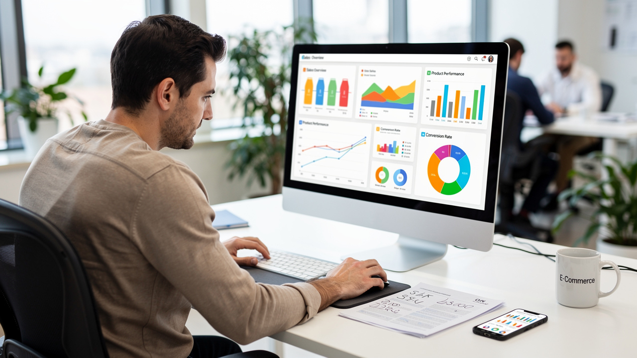 Gestor de e-commerce focado analisando dados de vendas de produtos em um computador com gráficos na tela.