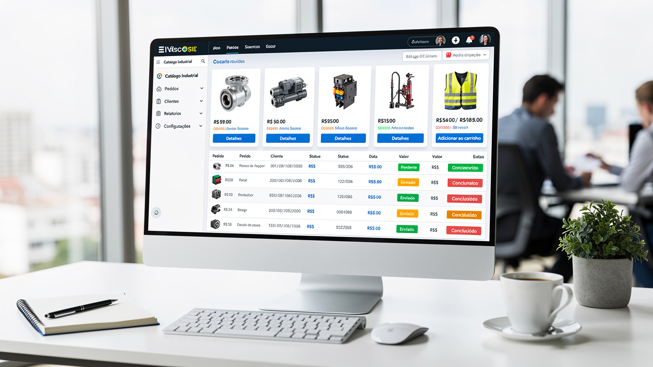 Tela de computador com painel de e-commerce B2B industrial mostrando catálogo e pedidos