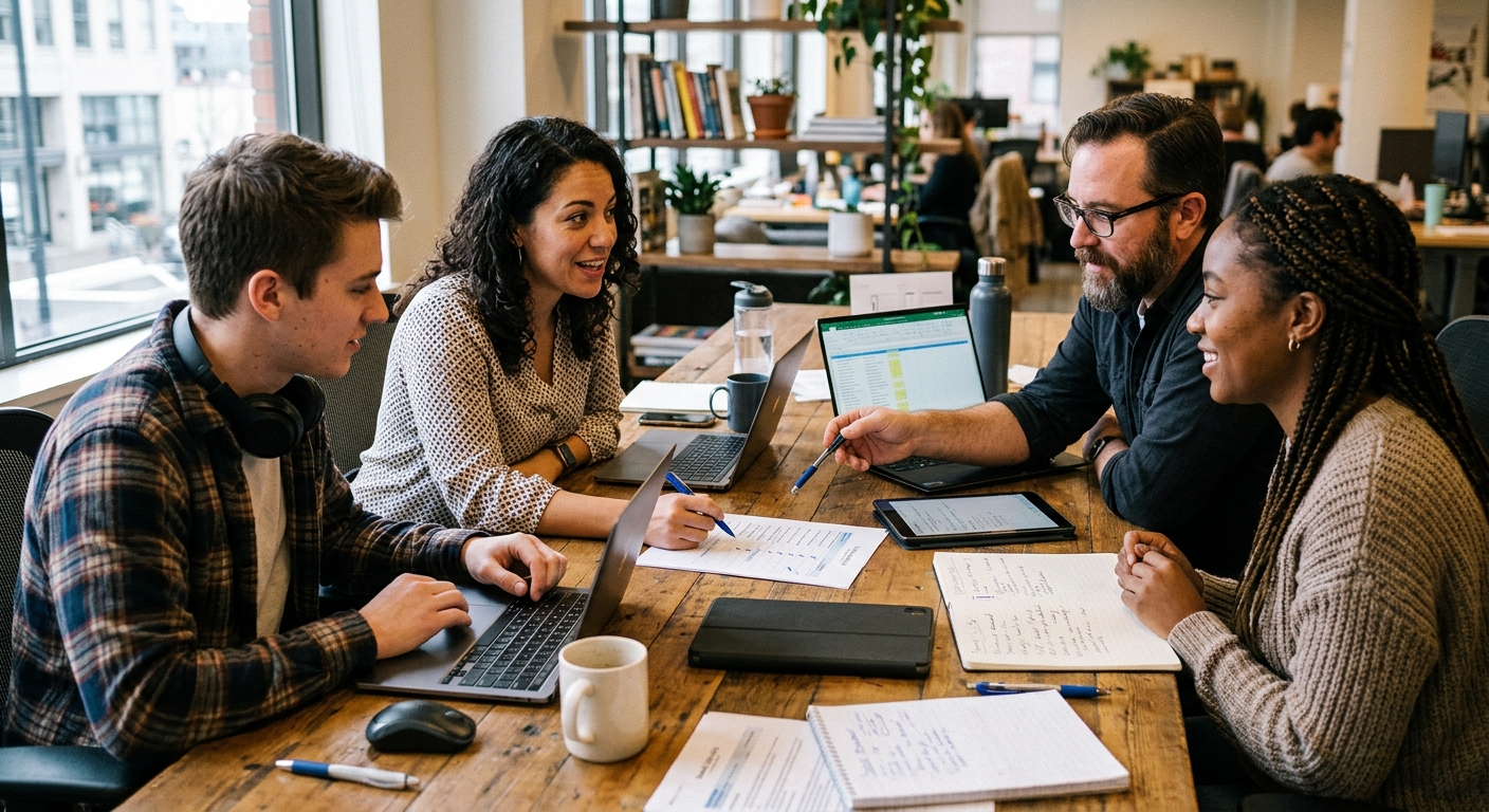 Equipe pequena colaborando com checklists impressos e laptops em reunião de trabalho