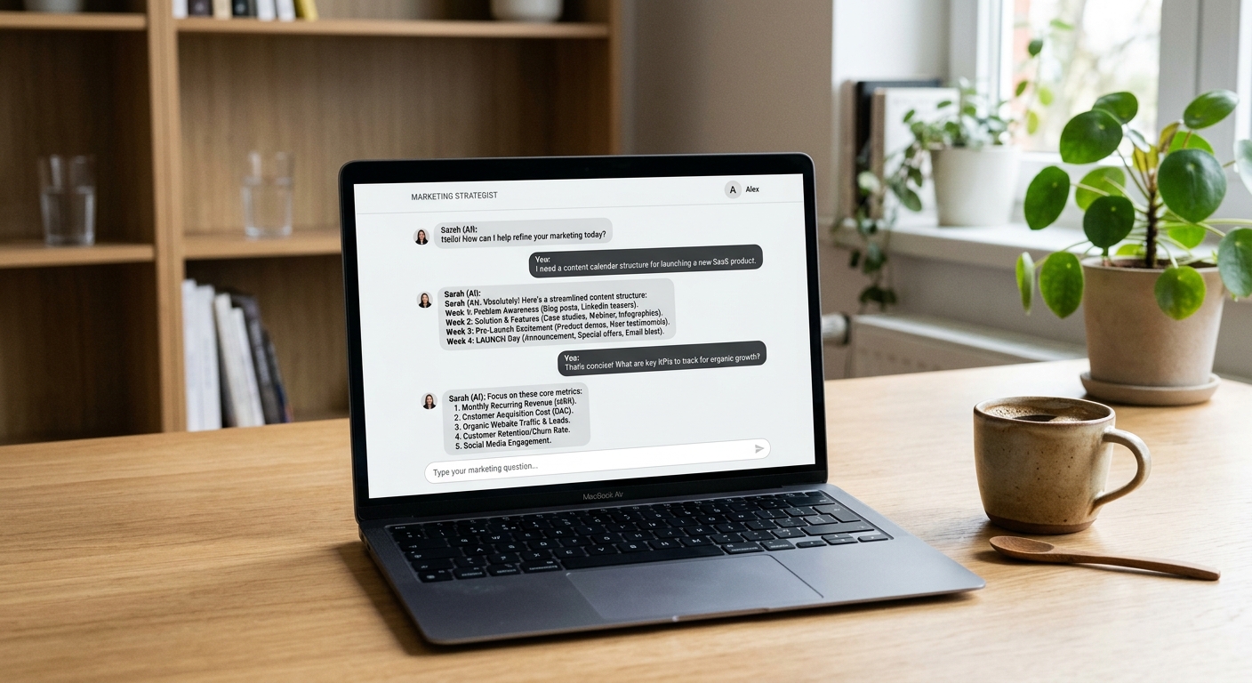 Tela de computador exibindo uma interface de chat de IA limpa para marketing ao lado de uma xícara de café.