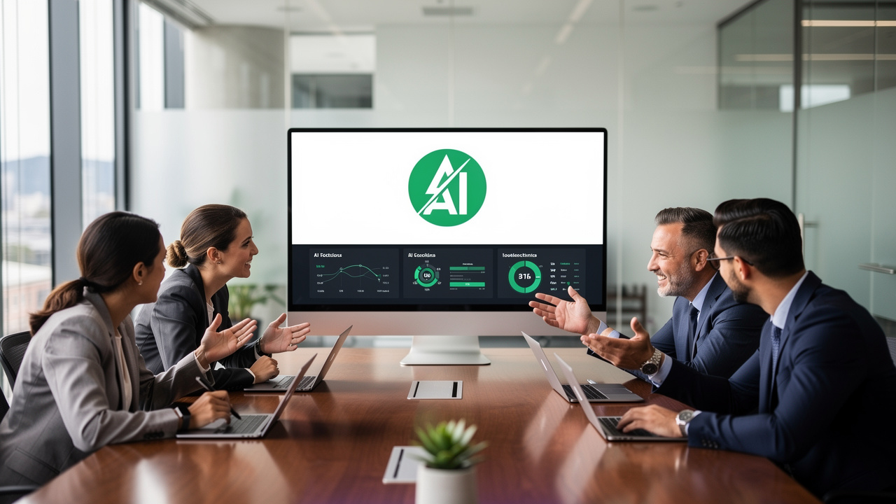 Profissionais de negócios discutindo ferramentas de IA da OpenAI em sala de reunião moderna