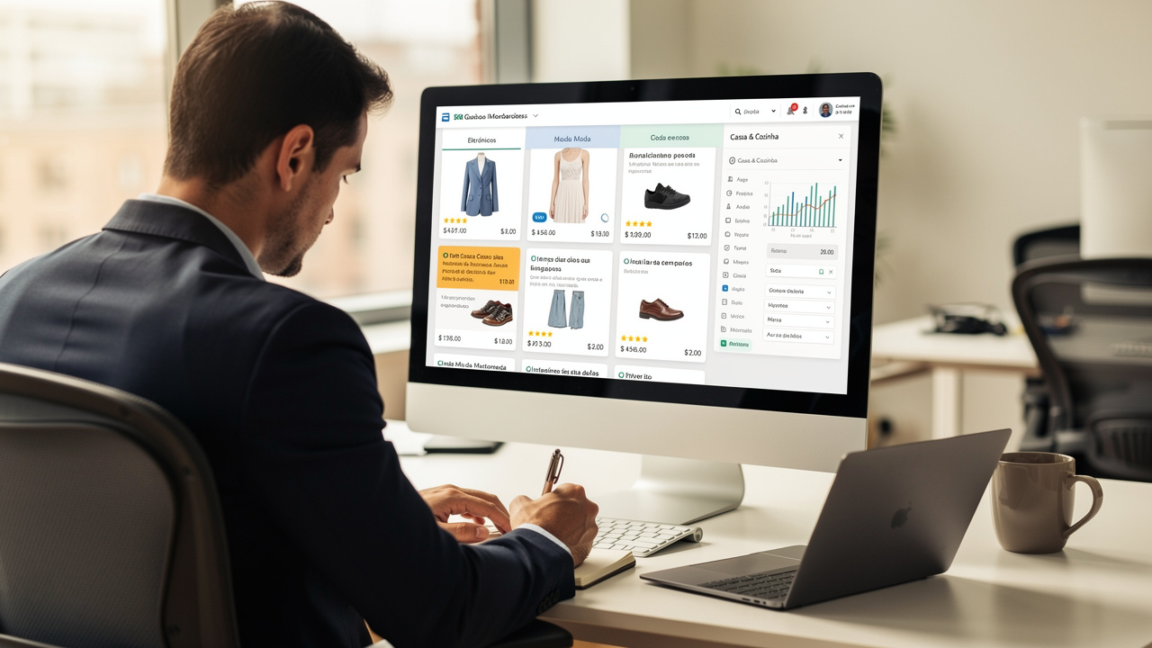 Empreendedor analisando loja online com catálogo organizado, descrições melhoradas e categorias claras