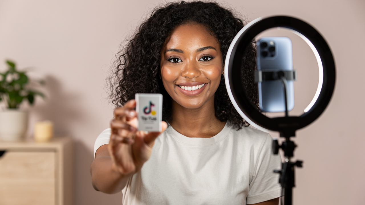 Vendedor brasileiro gravando vídeo curto de produto para TikTok Shop com smartphone e ring light