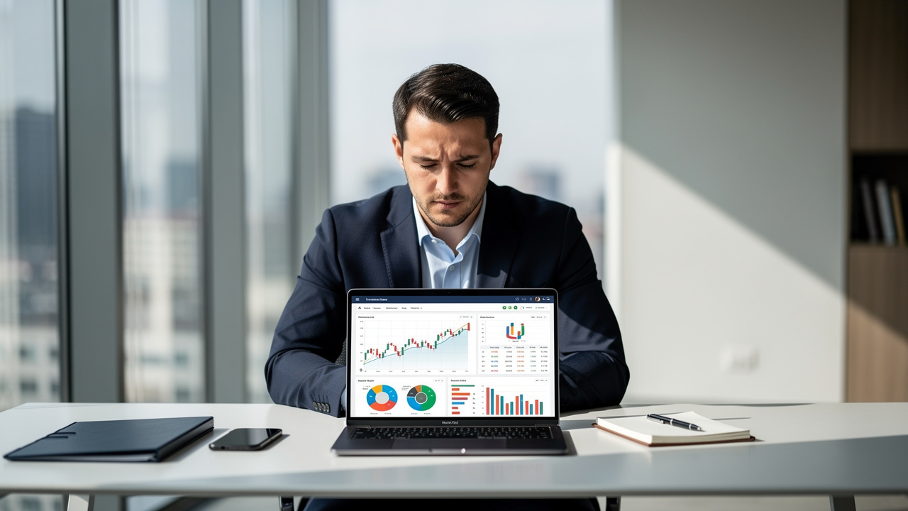 Profissional analisando gráficos de participação de mercado em laptop moderno