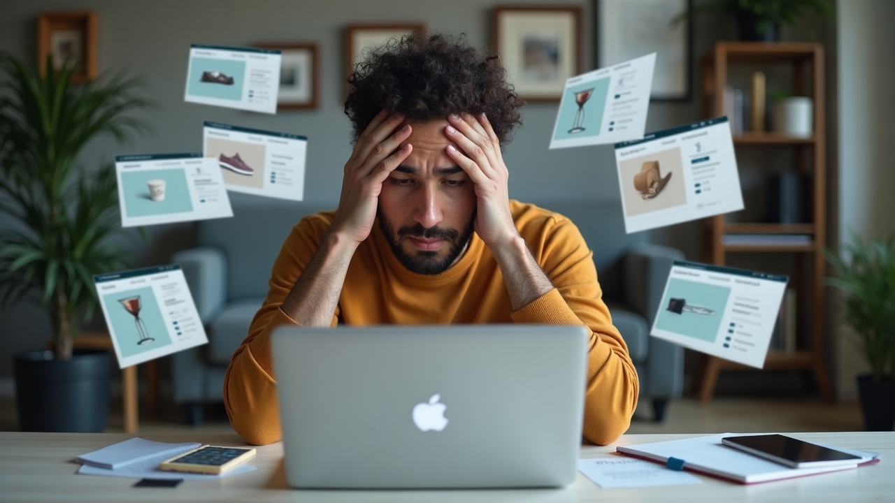 Empreendedor de e-commerce com expressão cansada olhando para várias abas de produtos abertas em seu notebook