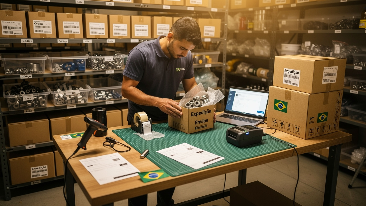 Fabricante brasileiro embalando produtos industriais para envio direto ao consumidor em ambiente organizado