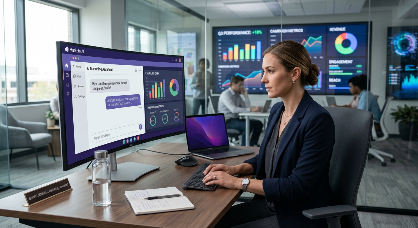 Consultor de marketing utilizando uma interface de chat com inteligência artificial em seu computador de trabalho.