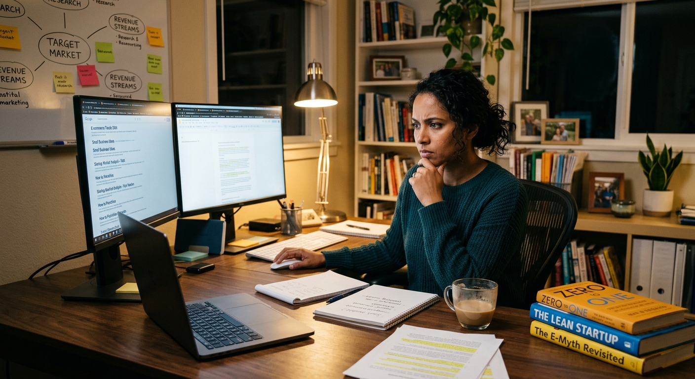 Pessoa pesquisando oportunidades de negócios online em um ambiente de home office com foco e determinação