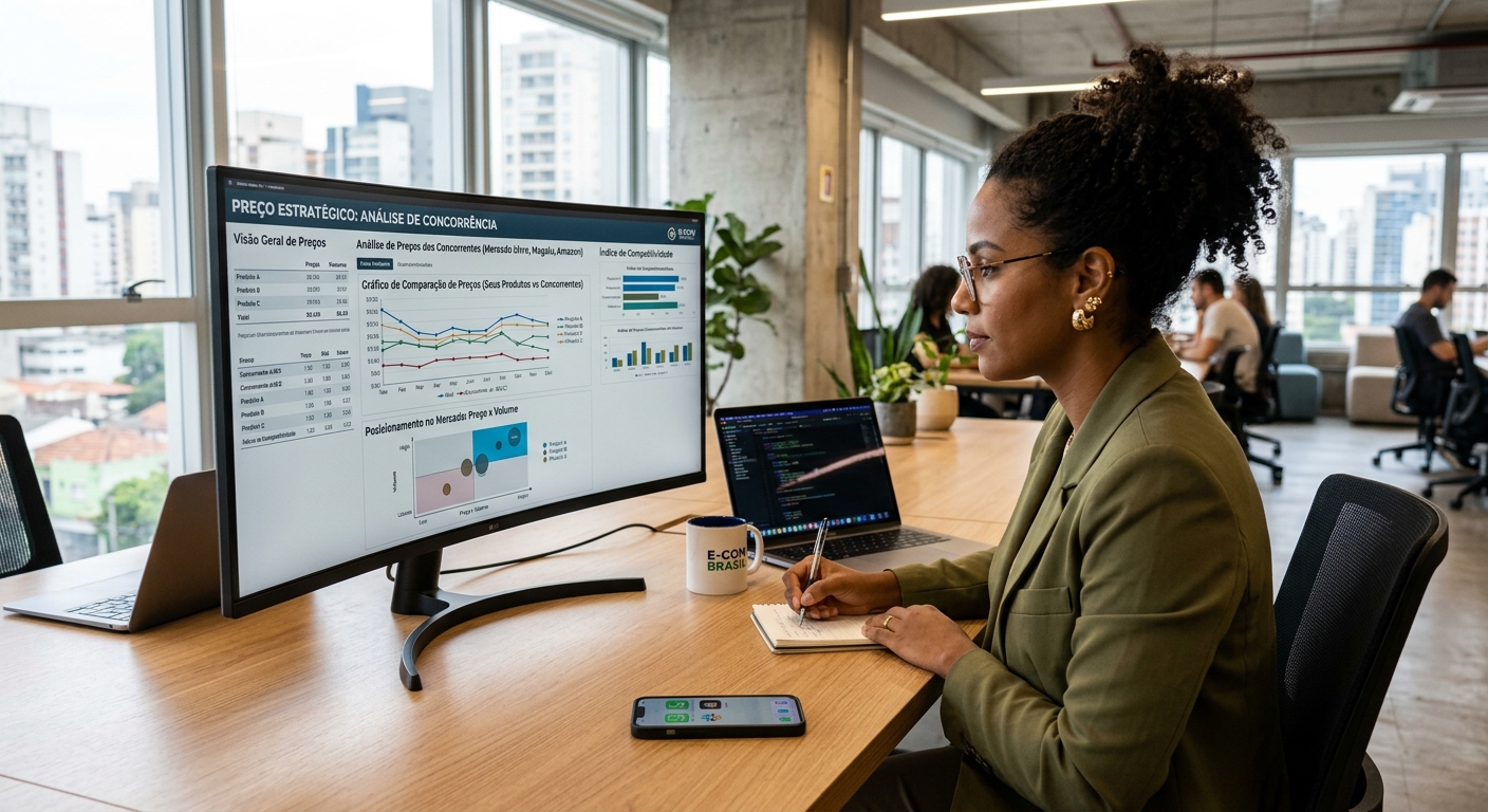 Empreendedor analisando dashboard de estratégia de preços com gráficos de concorrência