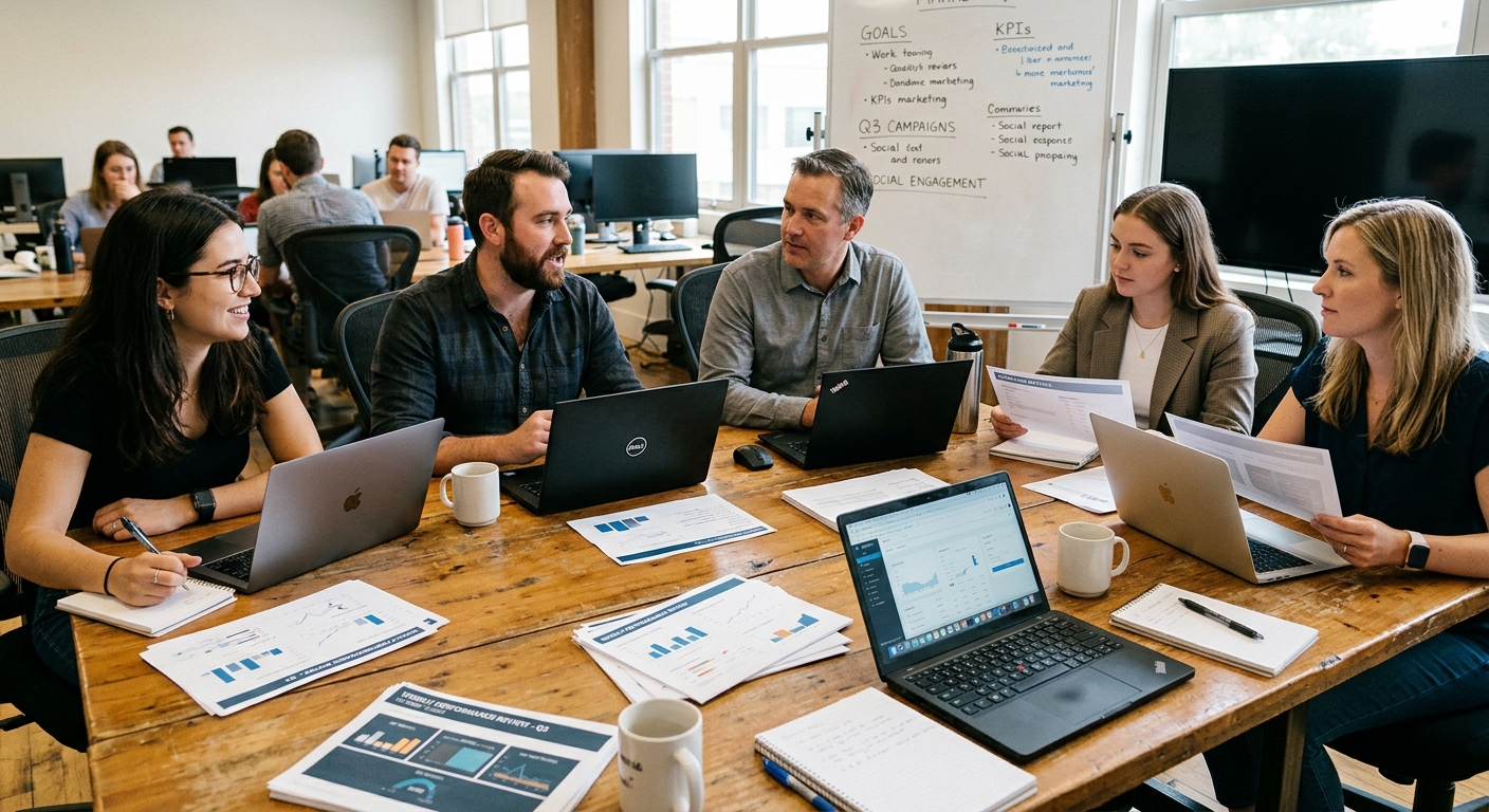 Pequena equipe de marketing em reunião semanal de performance com laptops e relatórios impressos