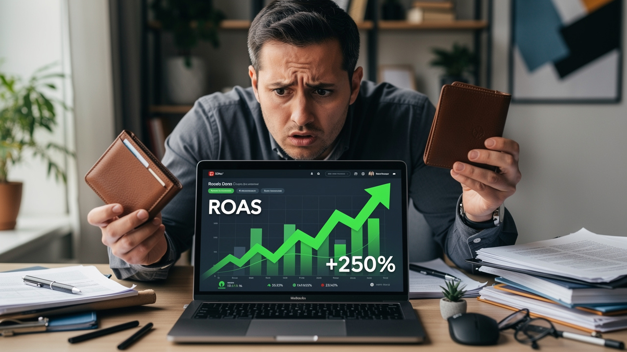 Gestor de e-commerce frustrado olhando métricas de ROAS alto com carteira vazia