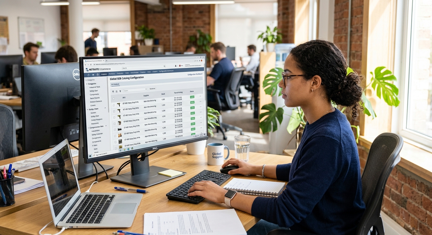Especialista configurando catálogo B2B online em tela de computador em escritório iluminado