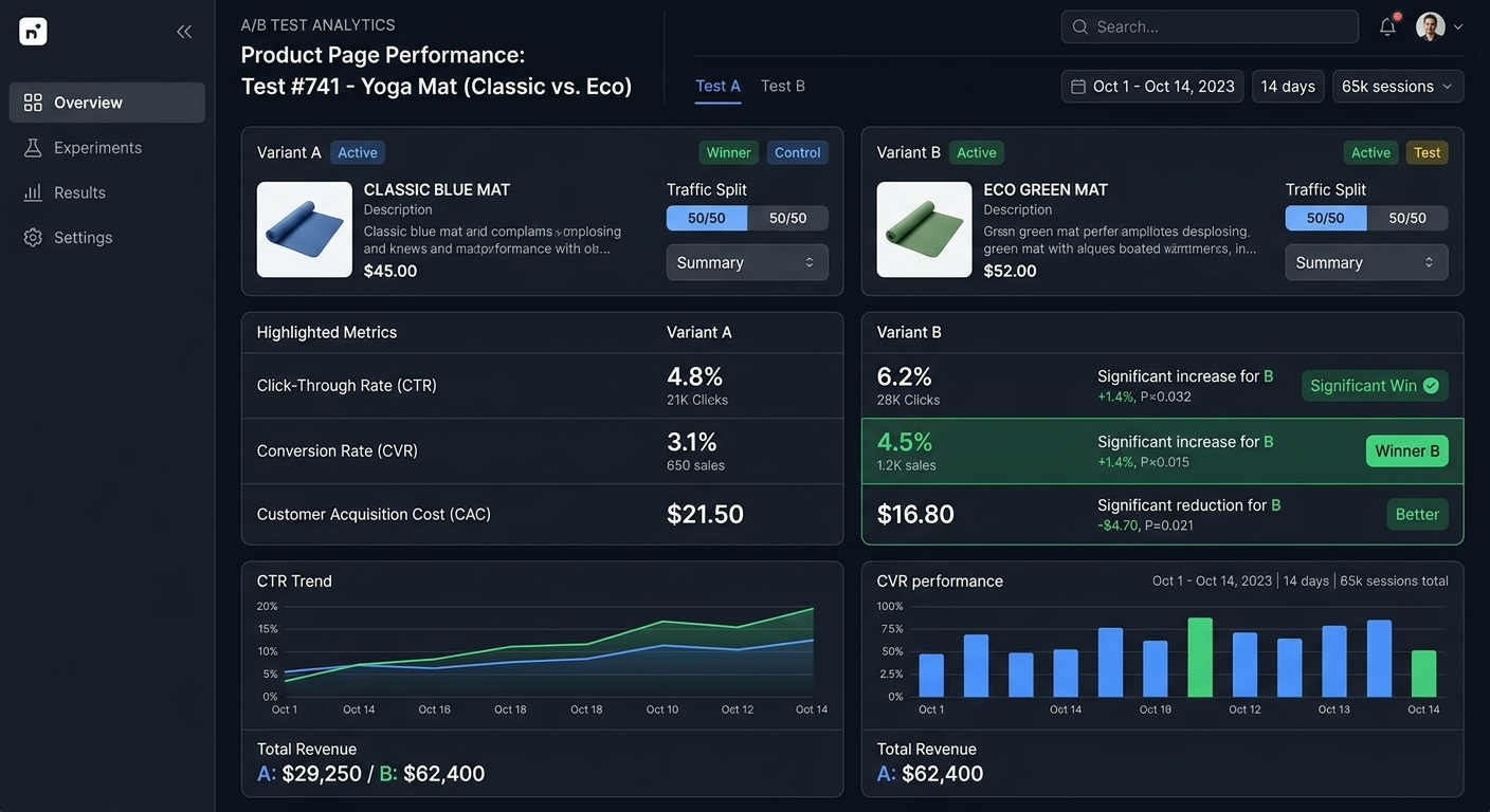 Dashboard de análise de dados comparando o desempenho de dois produtos em um teste A/B para e-commerce.