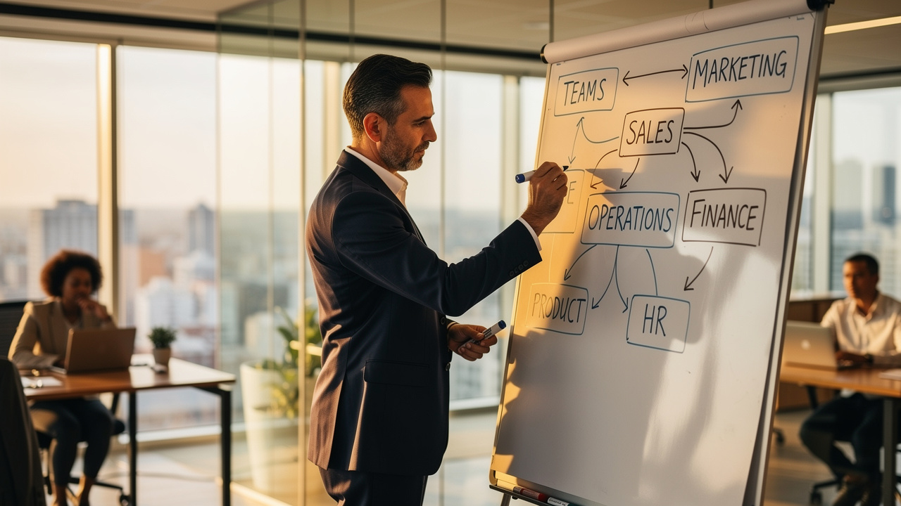 Líder empresarial escrevendo metas estratégicas em quadro branco conectando equipes no escritório