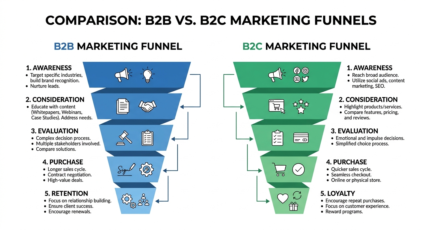 Gráfico comparativo mostrando funis de marketing B2B e B2C com ícones e texto simples