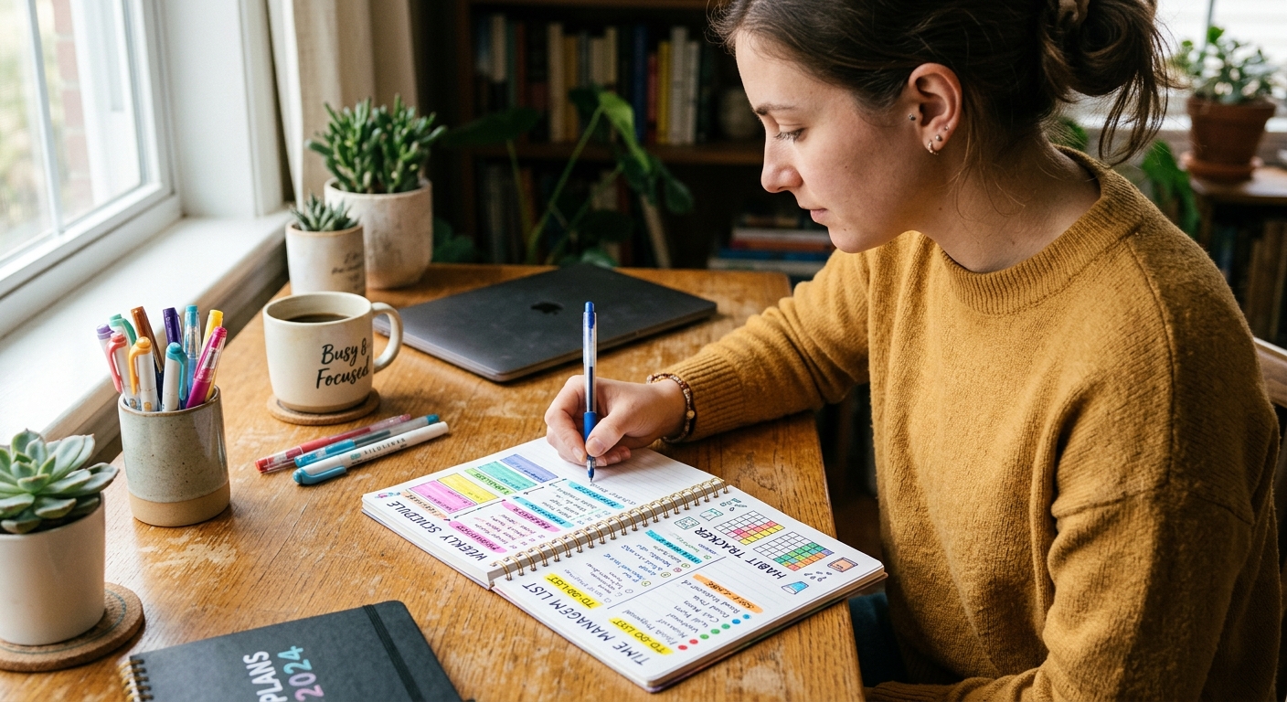 Pessoa escrevendo planos em um bloco de notas colorido para gestão de tempo melhoria.