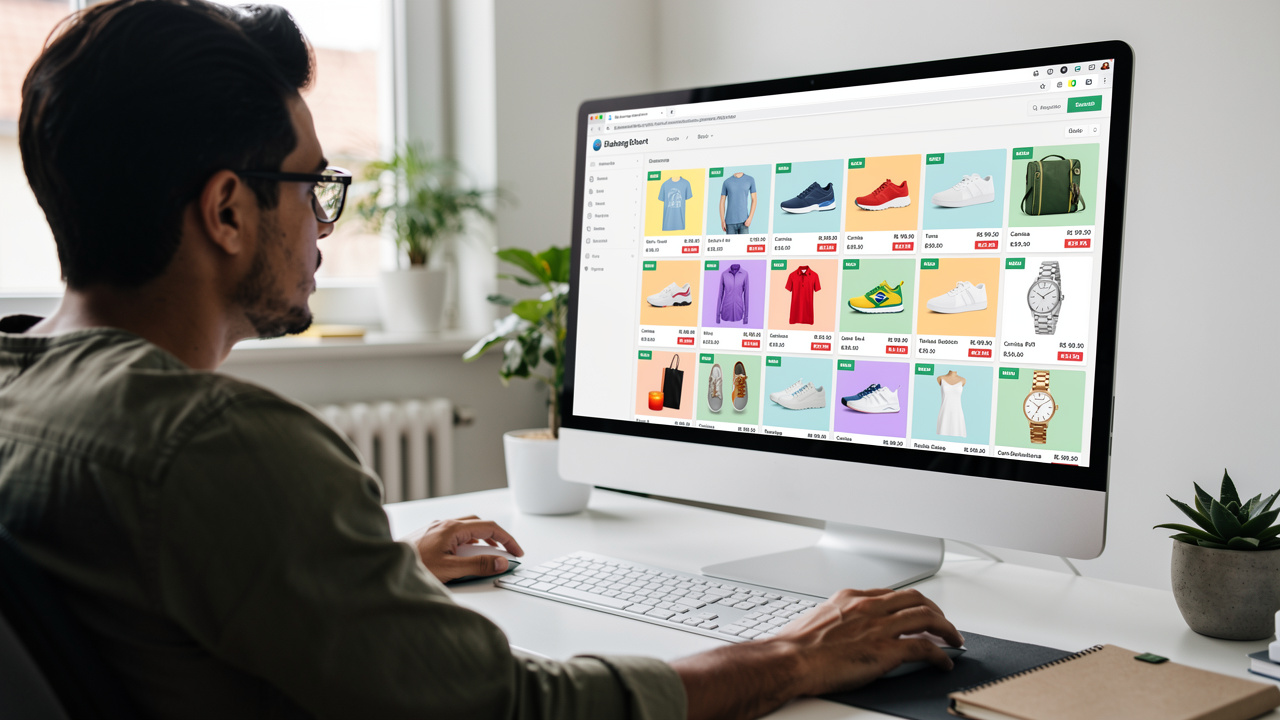 Empreendedor gerenciando um extenso catálogo de produtos em uma tela de computador com um painel de controle