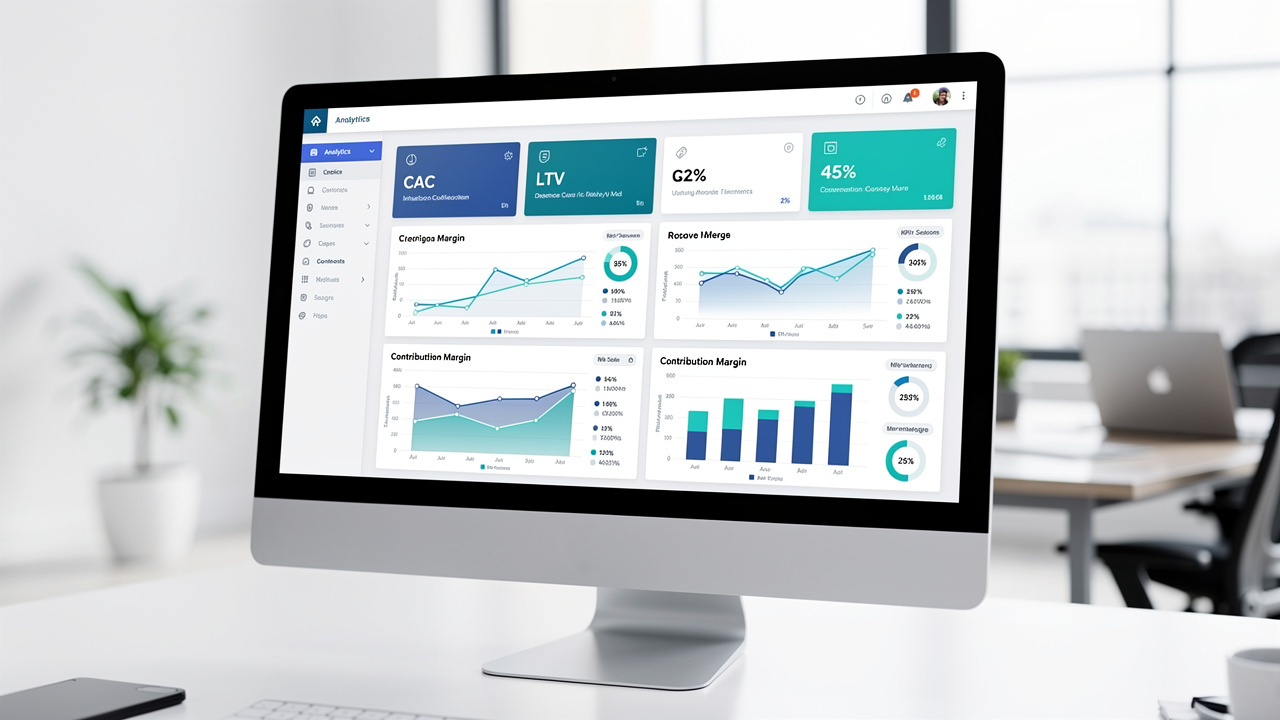 Dashboard de marketing digital exibindo métricas de CAC, LTV e margem de contribuição