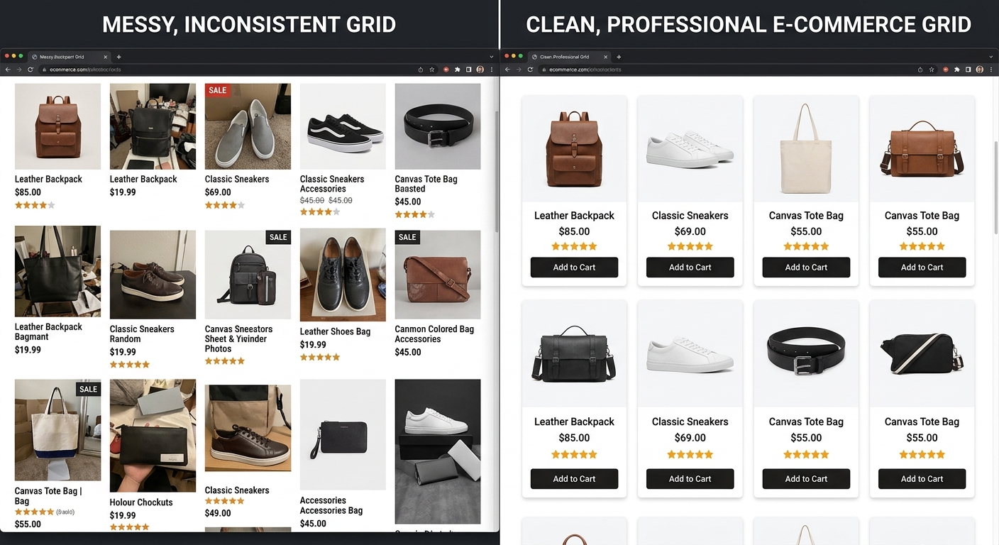 Comparativo de uma loja virtual com imagens de produtos desorganizadas e outra com design limpo e profissional