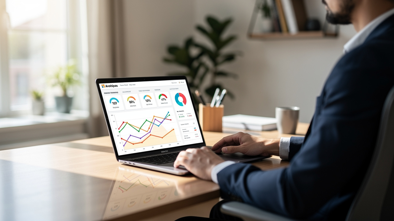 Pessoa analisando gráficos de ranqueamento de site em laptop em escritório moderno