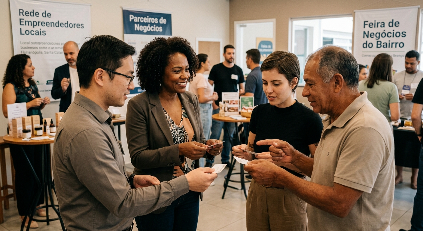 Grupo diverso de empresários brasileiros fazendo networking e trocando contatos em um evento local.