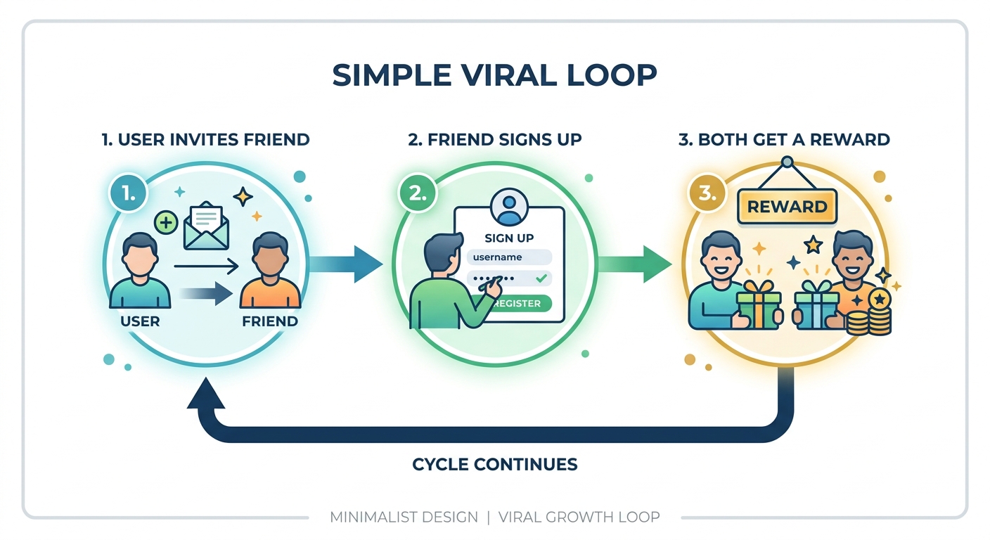 Infográfico simples mostrando um ciclo de indicação viral com ícones de usuário, convite e recompensa.