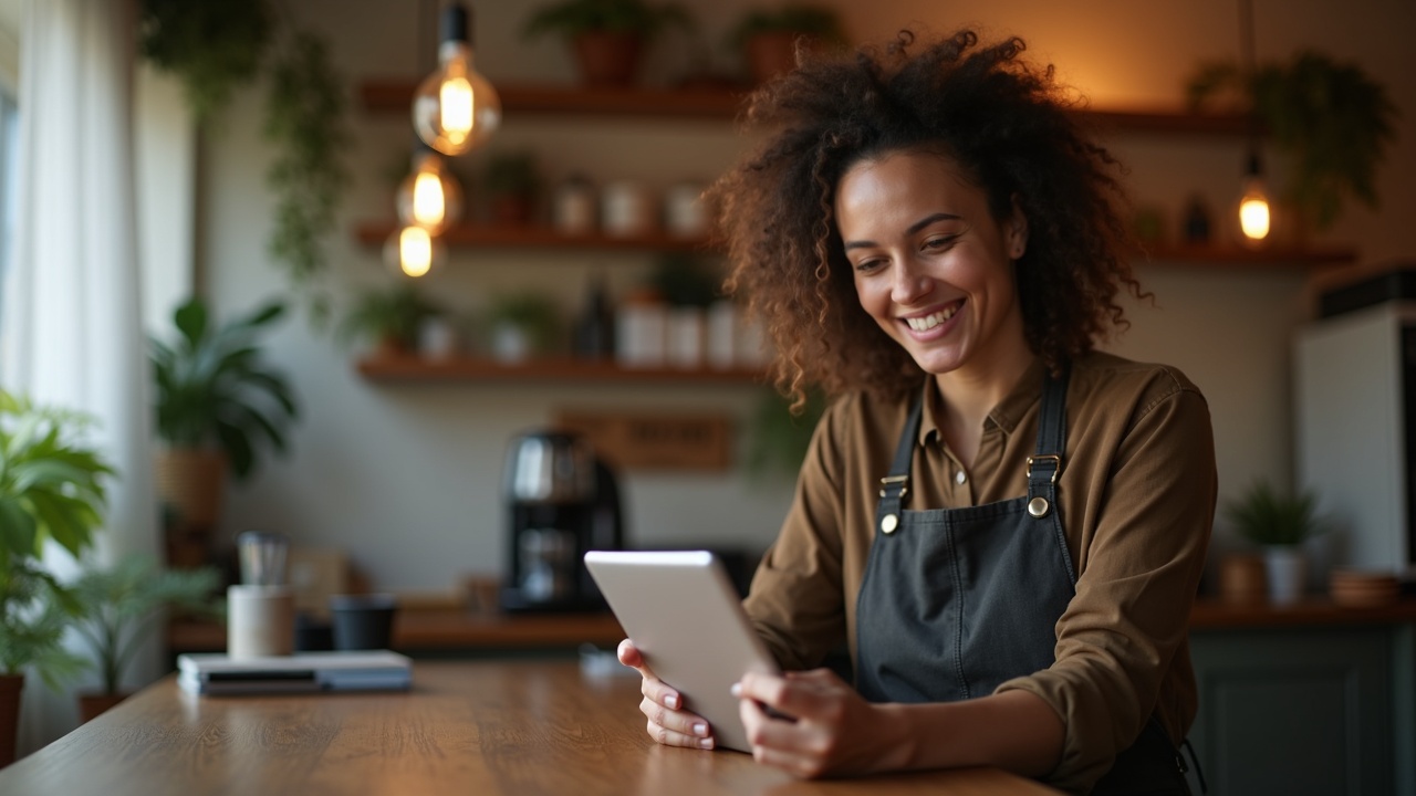 Empreendedora atualizando o perfil da sua cafeteria no Google Meu Negócio em um tablet
