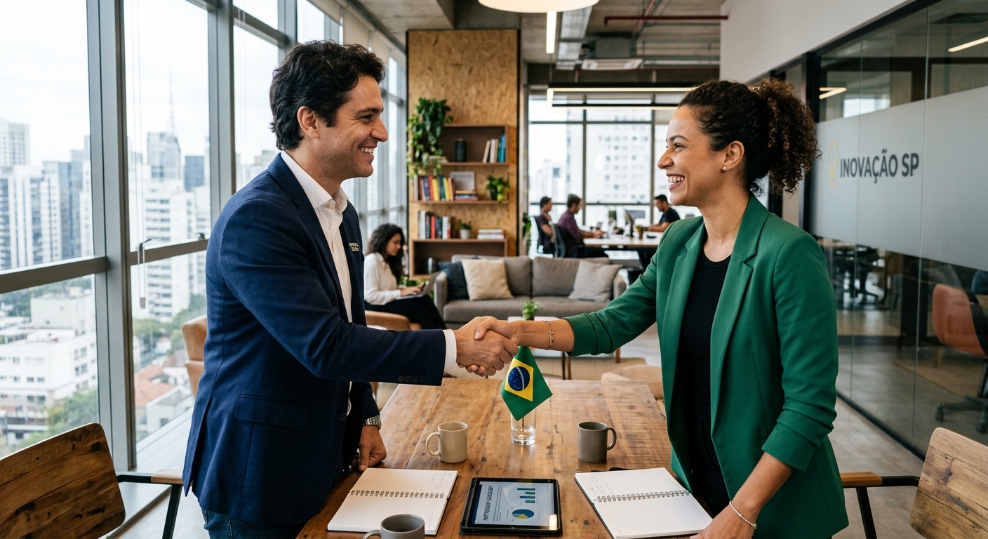 Dois jovens empreendedores sorrindo e apertando as mãos em um escritório moderno para selar uma parceria de negócios.