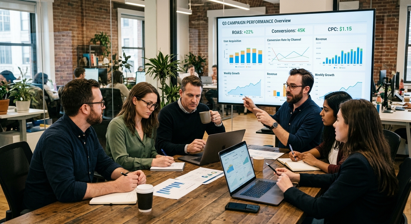 Equipe de marketing analisando dados de campanha em tela grande no escritório