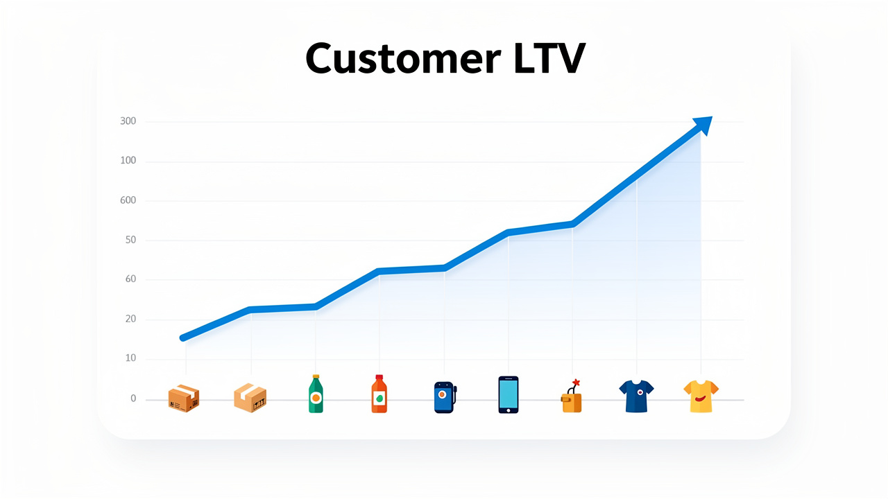 Gráfico de linha ascendente mostrando o aumento do LTV do cliente com um catálogo otimizado