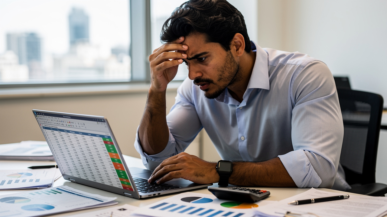 Empreendedor analisando planilha financeira com expressão preocupada em escritório
