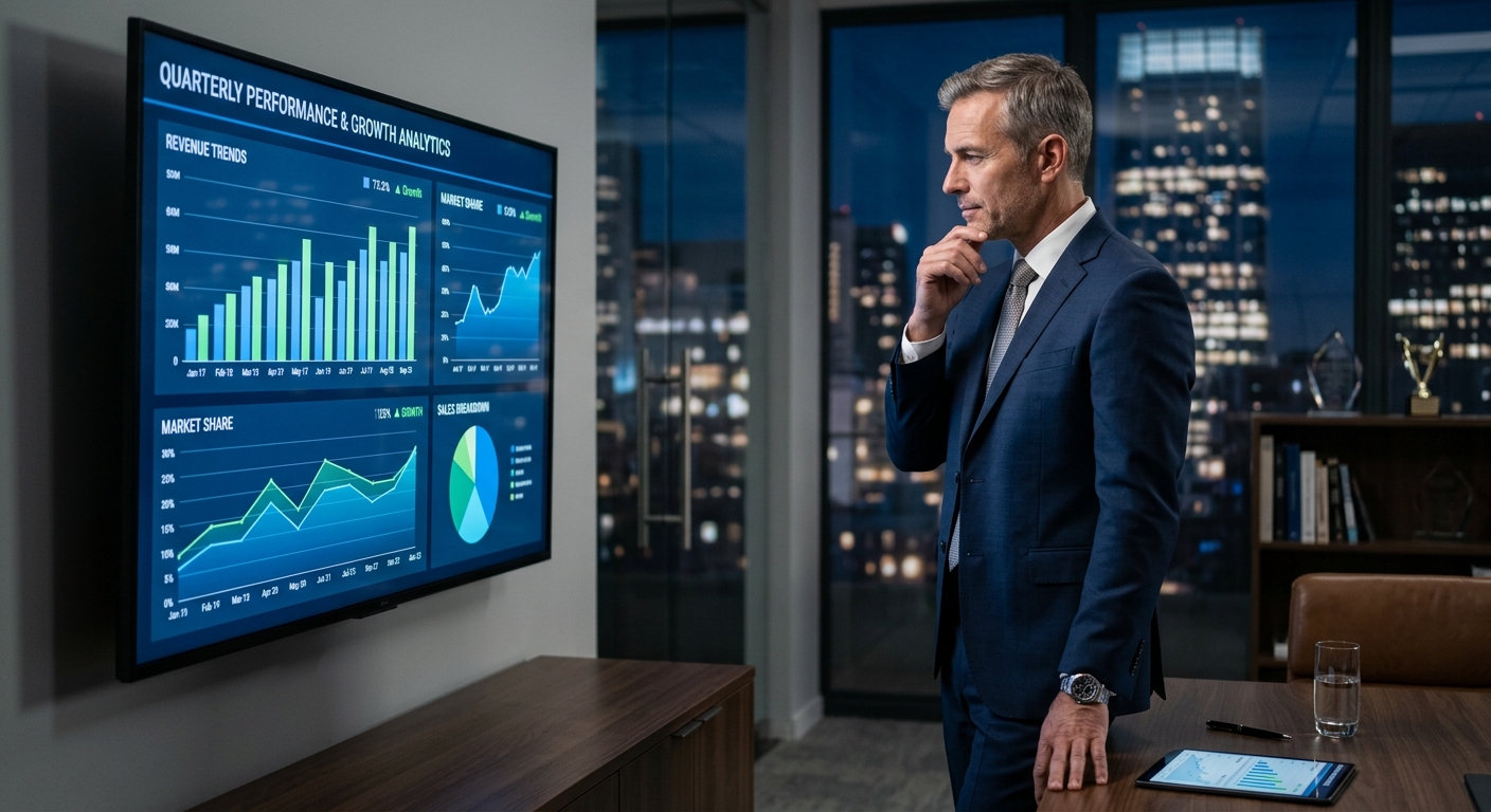 Homem de sucesso analisando gráficos de negócios em uma tela