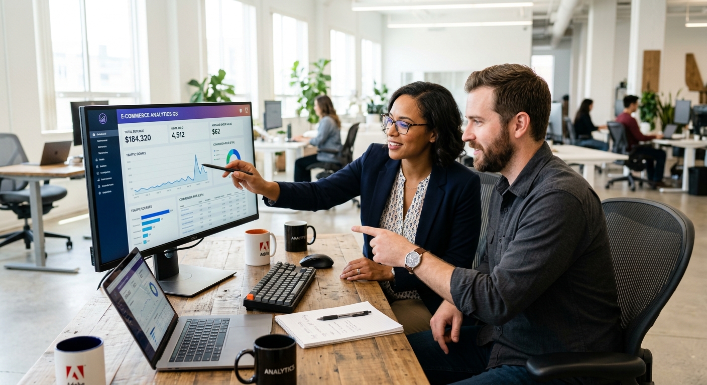 Dois profissionais colaborando em mesa moderna analisando dados de e-commerce em monitor