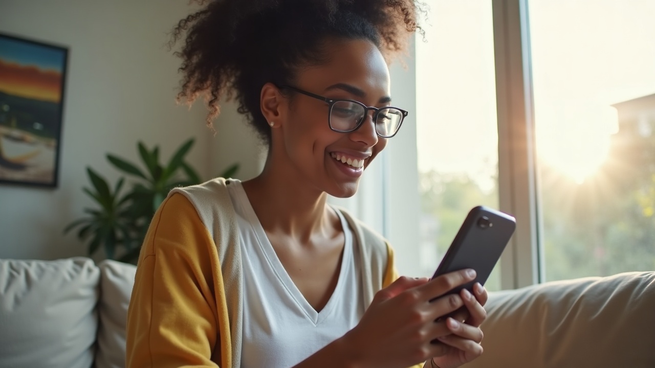 Consumidor satisfeito usando um smartphone para pesquisar um produto em uma loja online.