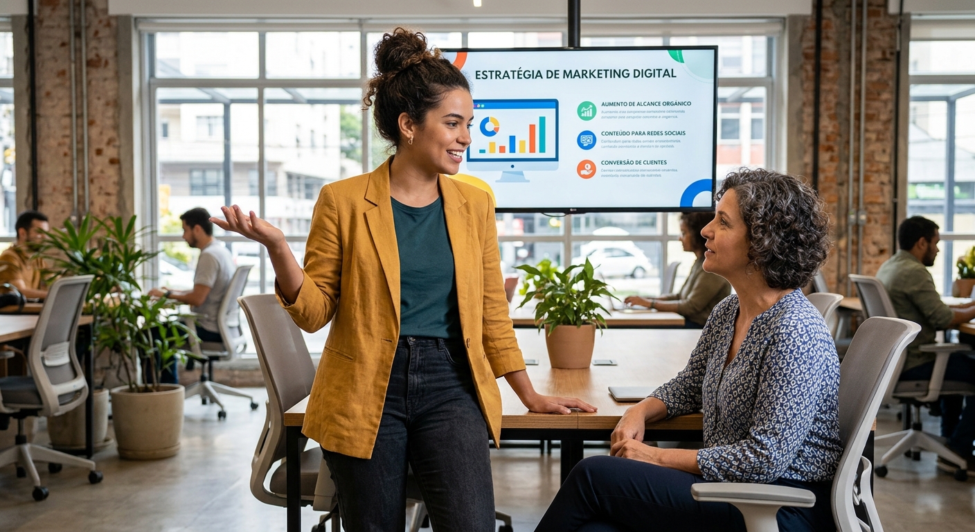 Jovem freelancer brasileira apresentando estratégia de marketing digital para um pequeno empresário, transmitindo confiança.