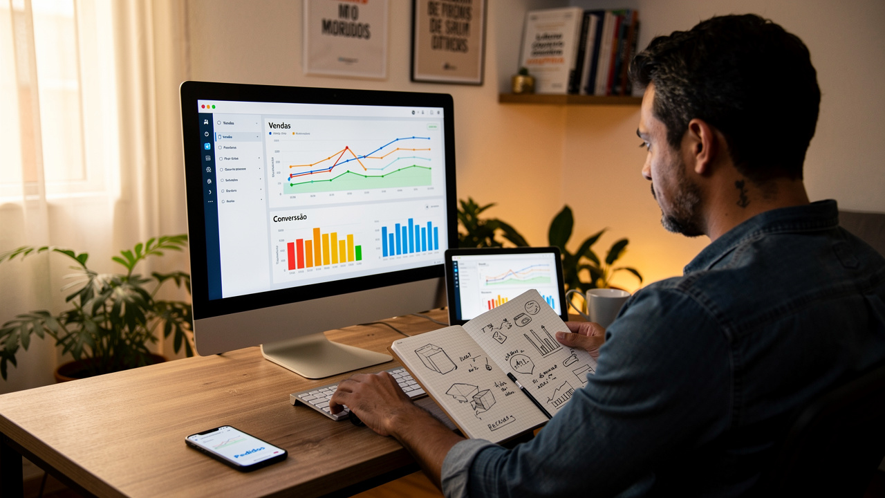 Empreendedor de e-commerce analisando gráficos de performance de produtos em um computador no seu escritório.