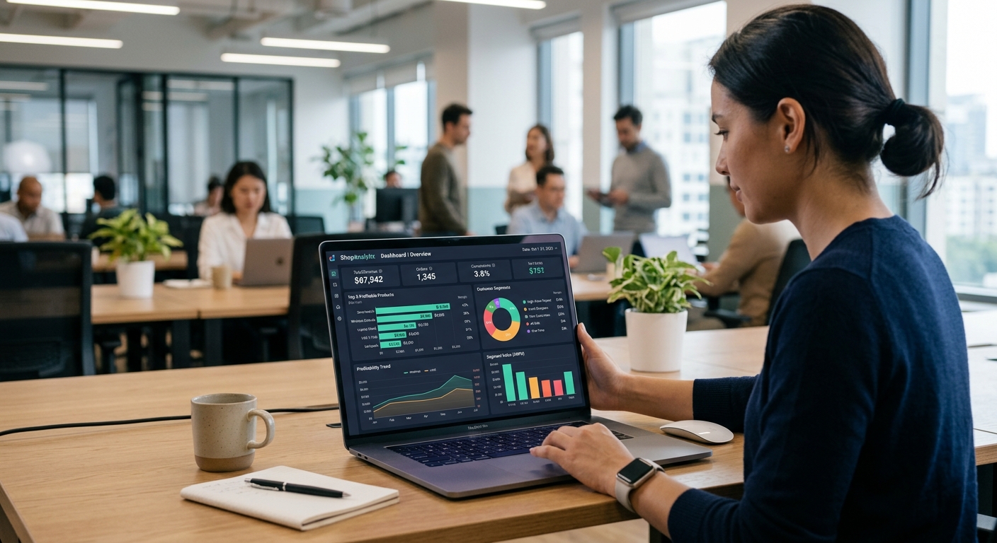 Tela de um notebook exibindo um painel de análise de dados de e-commerce com gráficos de lucratividade.