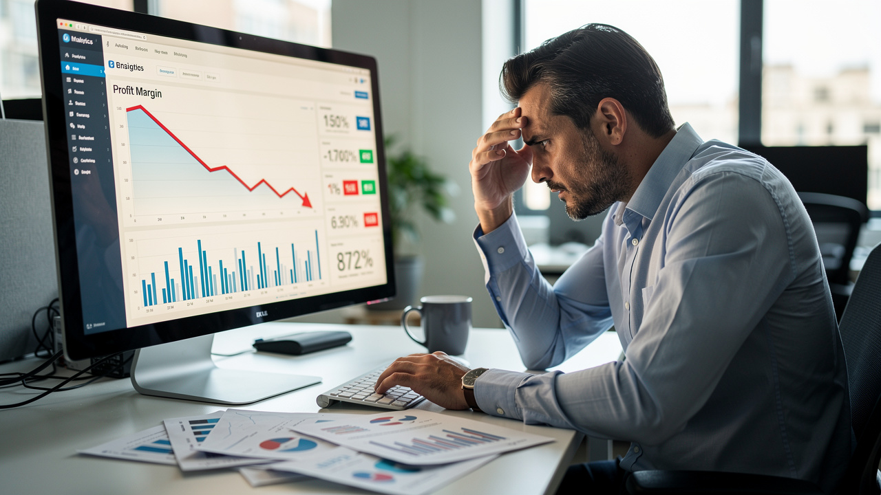 Gerente de e-commerce frustrado analisando queda de margens em painel digital