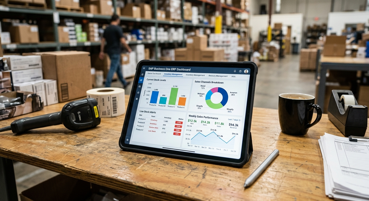 Tablet mostrando painel de ERP com níveis de estoque e gráficos de canais de venda em mesa de armazém