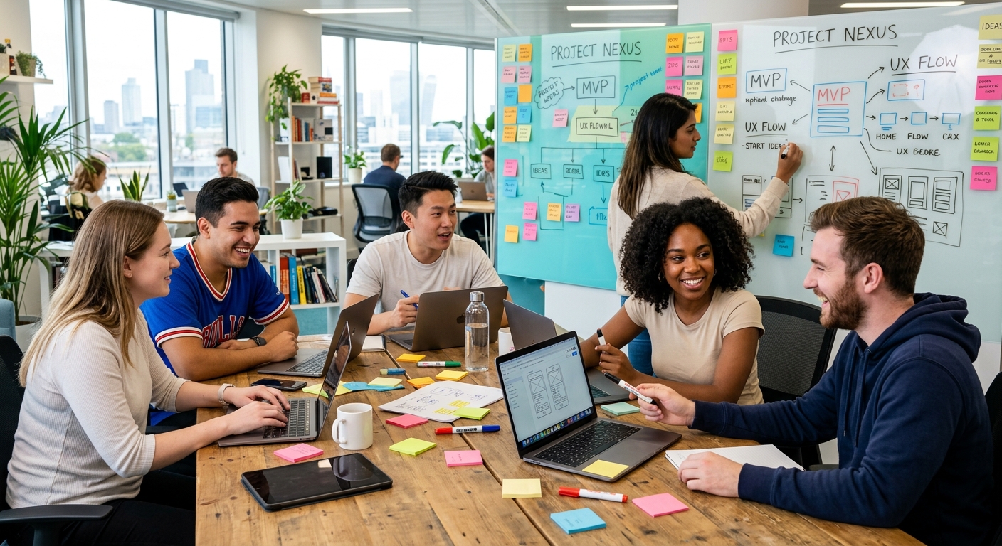Grupo de jovens empreendedores digitais discutindo ideias em um ambiente de escritório claro e colaborativo.