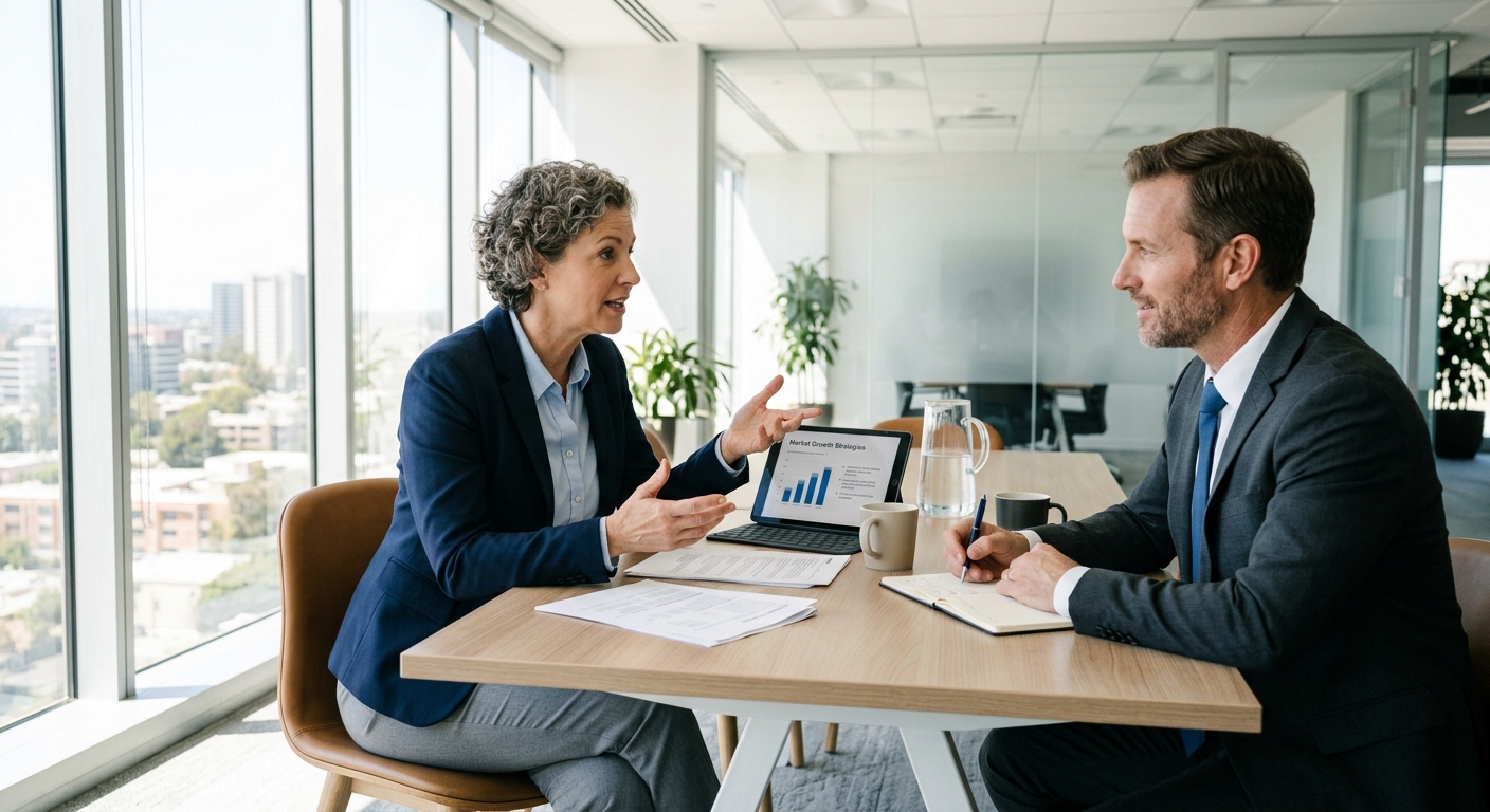 Consultor discutindo estratégias com um cliente em escritório iluminado