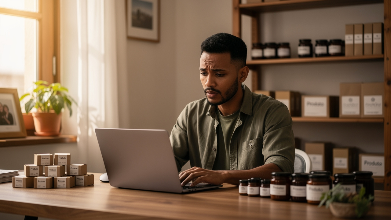 Empreendedor brasileiro analisando dados em um notebook em seu escritório em casa, cercado por amostras de produtos.