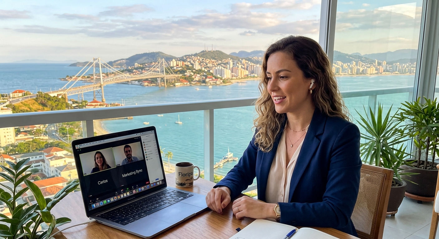 Consultor de marketing digital tendo uma reunião online com vista de Florianópolis