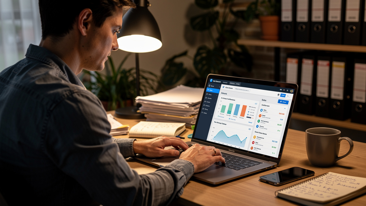 Empreendedor usando assistente de inteligência artificial no laptop para gerenciar operações