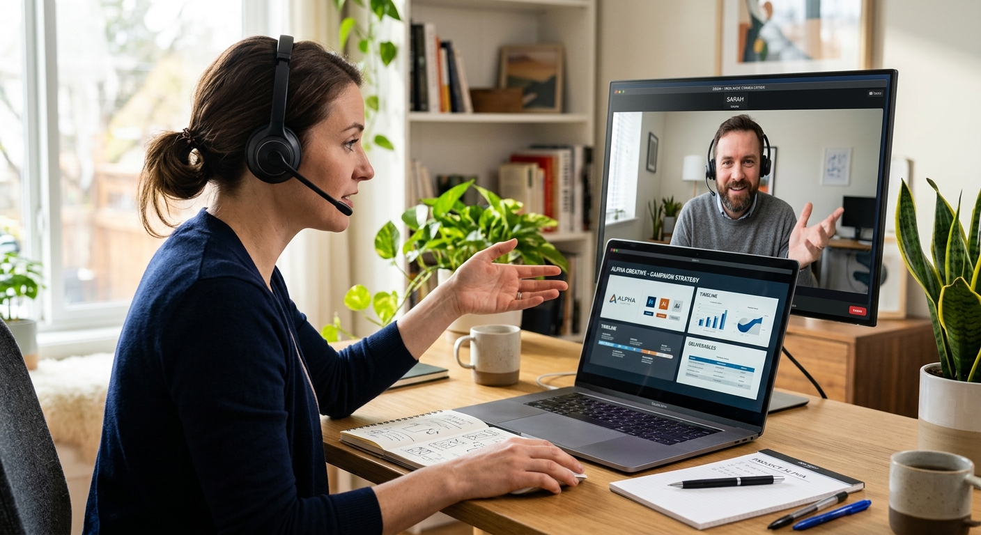 Reunião de consultoria freelance via vídeo com profissionais discutindo projeto, ambiente de trabalho moderno