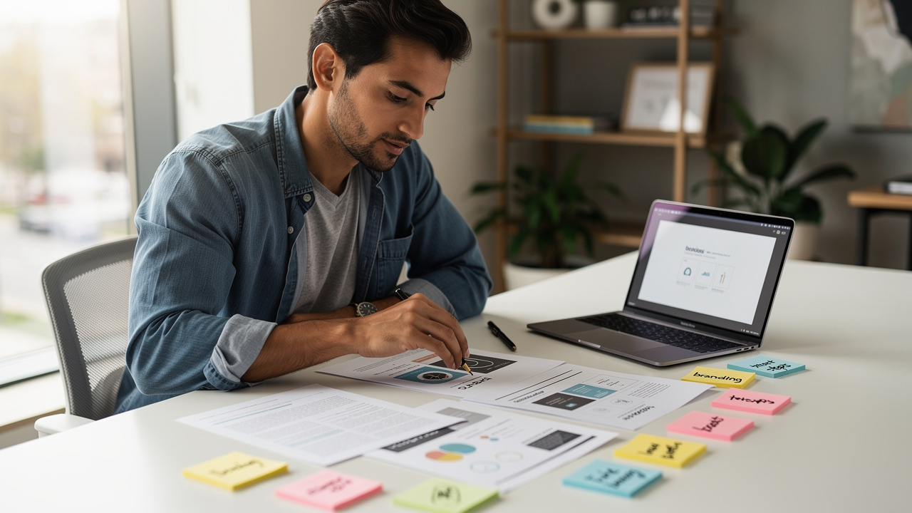 Empreendedora analisando documentos de estratégia de marca em mesa com laptop e anotações
